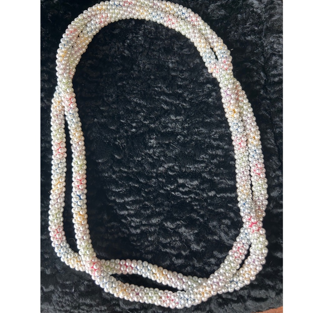Long Woven Faux Pearl Rope Necklace Pastel Thread Braided 50 Inch Vintage 80s